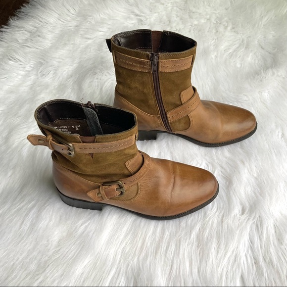 Clarks Harness Leather Boots Camel Brown Size 6.5 Mid Calf Ranch Style - Picture 8 of 16